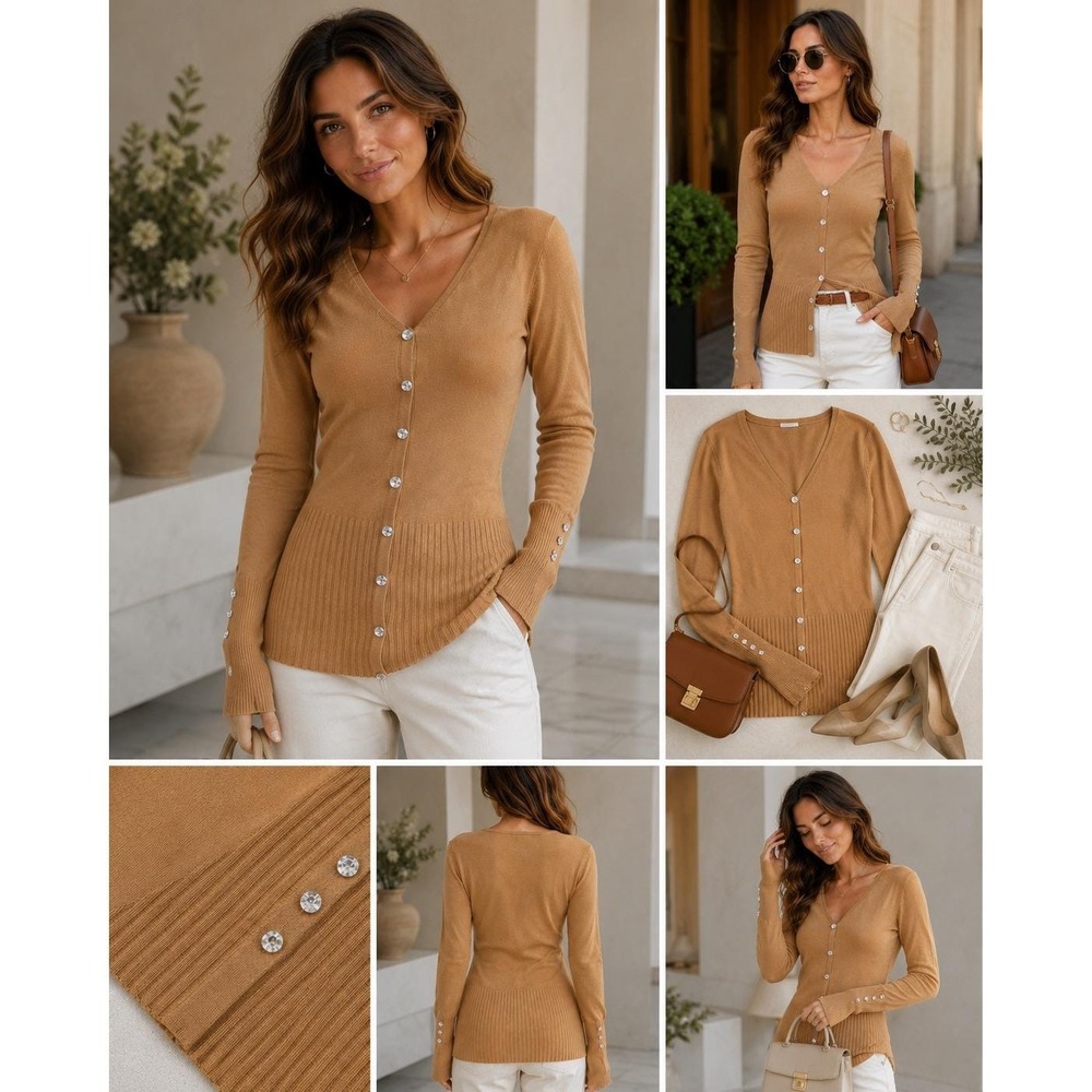 Vermani Collezioni‎ Sweater S Camel Silk Blend Rhinestone Button V-Neck Pullover